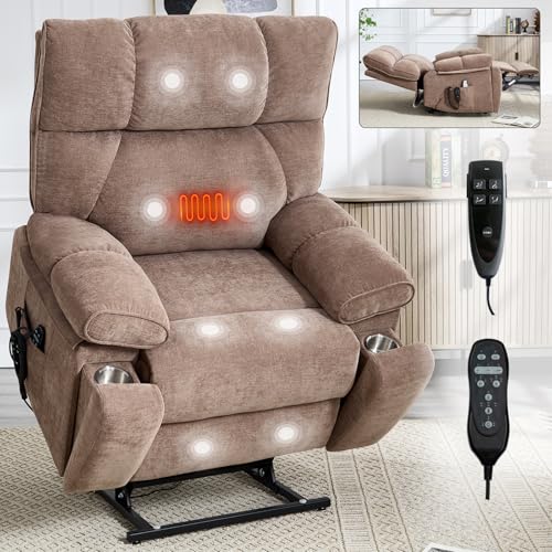 Dual Motor Power Lift Recliner Chair with Heat Massage 2 Cup Holder for Elderly Adults, Remote Control Infinite Position Electric Extra Wide Recliner Chair with Side Pocket USB for Living Room (Brown)