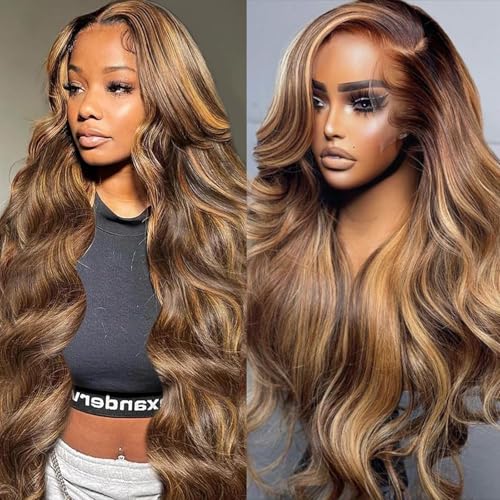 Enaiiby Highlight Honey Blonde Wig Human Hair 180% Density Ombre 13x6 HD Lace Front Wigs Human Hair Body Wave Pre Plucked with Baby Hair 20 Inch P4/27 Lace Front Wig Human Hair for Black Women