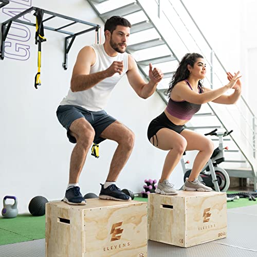 Elevens 3 in 1 Wooden Plyo Box Jump Box Plyometric Box for Jumping Trainer, Skipping, Jumping, Lunges, Box Jumps, Squats, Step-Ups, Dips (16"x12"x14")