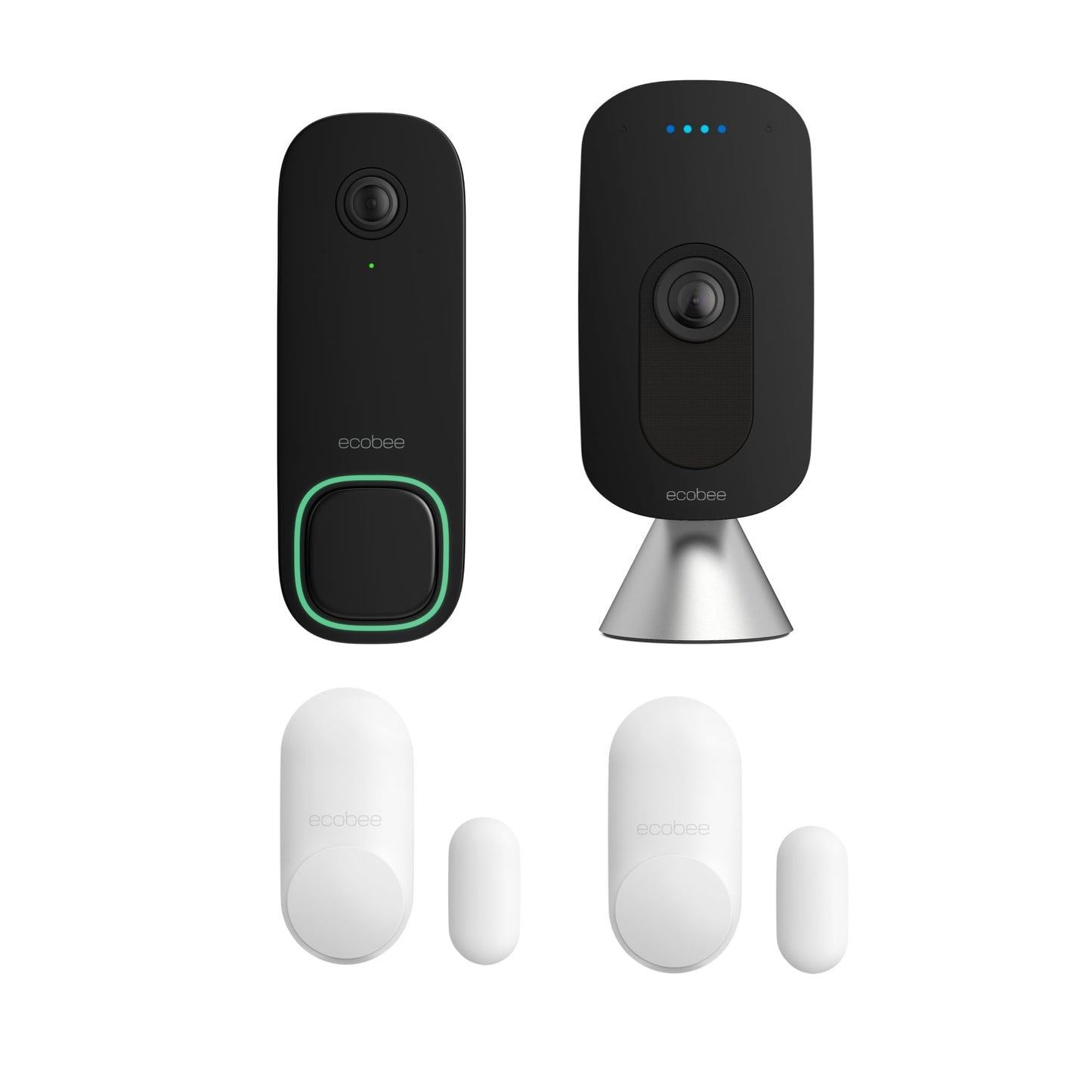 ecobee Home Security Bundle with Smart Doorbell Camera (Wired), SmartSensor for Doors and Windows, and SmartCamera with Voice Control.