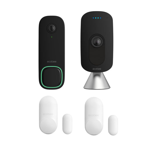 ecobee Home Security Bundle with Smart Doorbell Camera (Wired), SmartSensor for Doors and Windows, and SmartCamera with Voice Control.