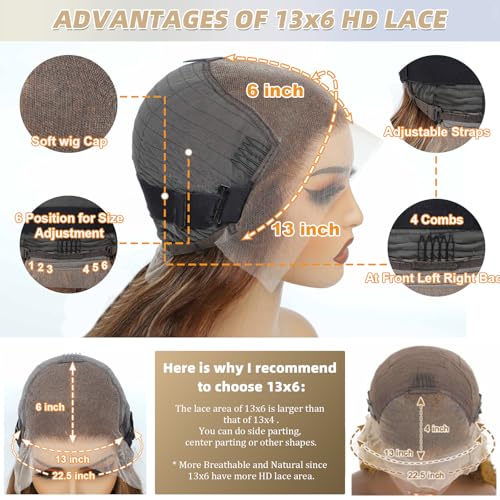 Enaiiby Highlight Honey Blonde Wig Human Hair 180% Density Ombre 13x6 HD Lace Front Wigs Human Hair Body Wave Pre Plucked with Baby Hair 20 Inch P4/27 Lace Front Wig Human Hair for Black Women