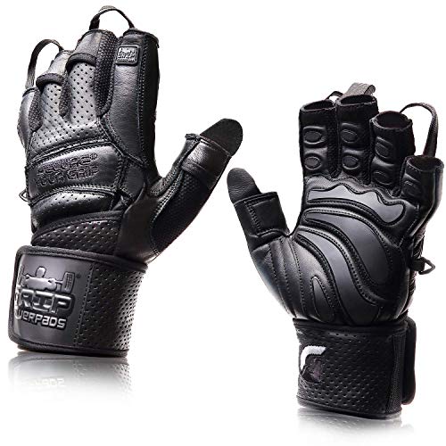 Elite Leather Gym Gloves with Built in 2" Wide Wrist Wraps Best Leather Glove Design for Weight Power Lifting Bodybuilding & Strength Training Workout Exercises (Black, Small)