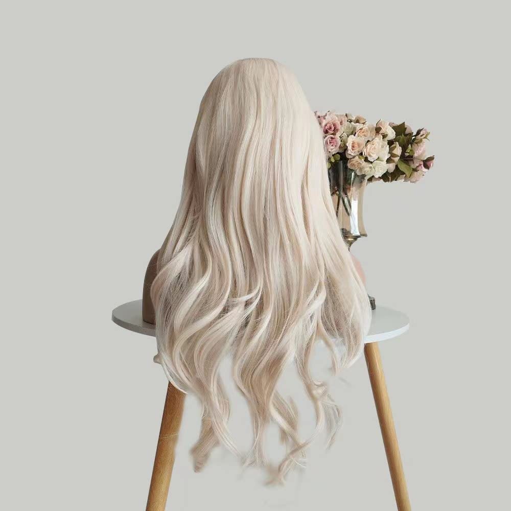 ELESTY 13 * 3.5 Synthetic Lace Front Wigs Long Wavy White Blonde Glueless Wig Side Part Heat Resistant Fiber Hair Daily Elsa Cosplay Wigs Drag Queen