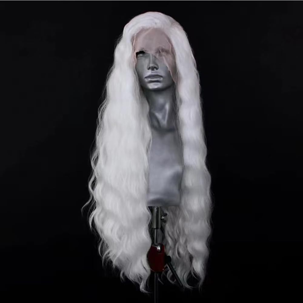 ELESTY Long Wavy White Hair Synthetic Lace Front Wig For Women Heat Resistant Fiber Loose Curly Lace Front Wig Glueless Lace Wigs Pre Plucked Natural Hairline Cosplay Party Wigs 24Inch