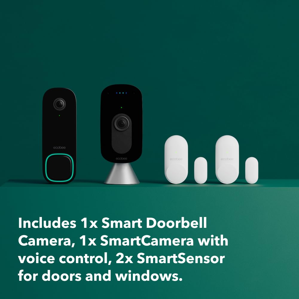 ecobee Home Security Bundle with Smart Doorbell Camera (Wired), SmartSensor for Doors and Windows, and SmartCamera with Voice Control.