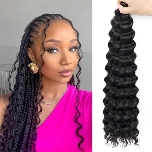 Eerya Long Curly Braiding Hair 18 Inch 4 Packs Deep Ocean Wave Crochet Hair for Black Women Deep Wave Braiding Hair for Boho Braids（18 inch, TBUG）
