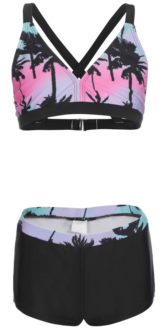DUSISHIDAN Girls V Neck Bikini with Swim Shorts,Two Piece Swimsuits with Hawaiian Coconut Tree Print Bathing Suits, Size 10 12