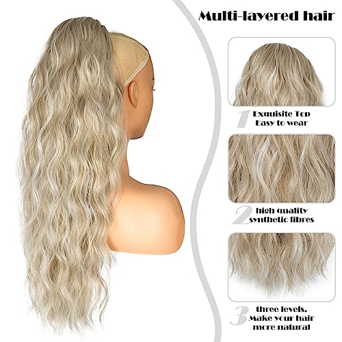 26 inch Blonde Ponytail Extension, Drawstring Ponytail Extension for Women, Long Wavy Pony Tails Hair Extensions, Synthetic Hair Extensions Ponytail for Daily Use (Dirty Blonde Mixed Beige Blonde)