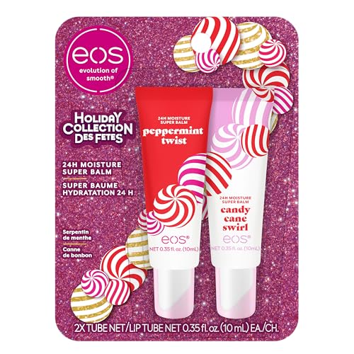 eos Holiday 24H Moisture Super Balm- Peppermint Twist, Candy Cane Swirl, Limited-Edition Lip Treatment, Stocking Stuffers, Holiday Lip Mask, 0.14 oz, 2-pack