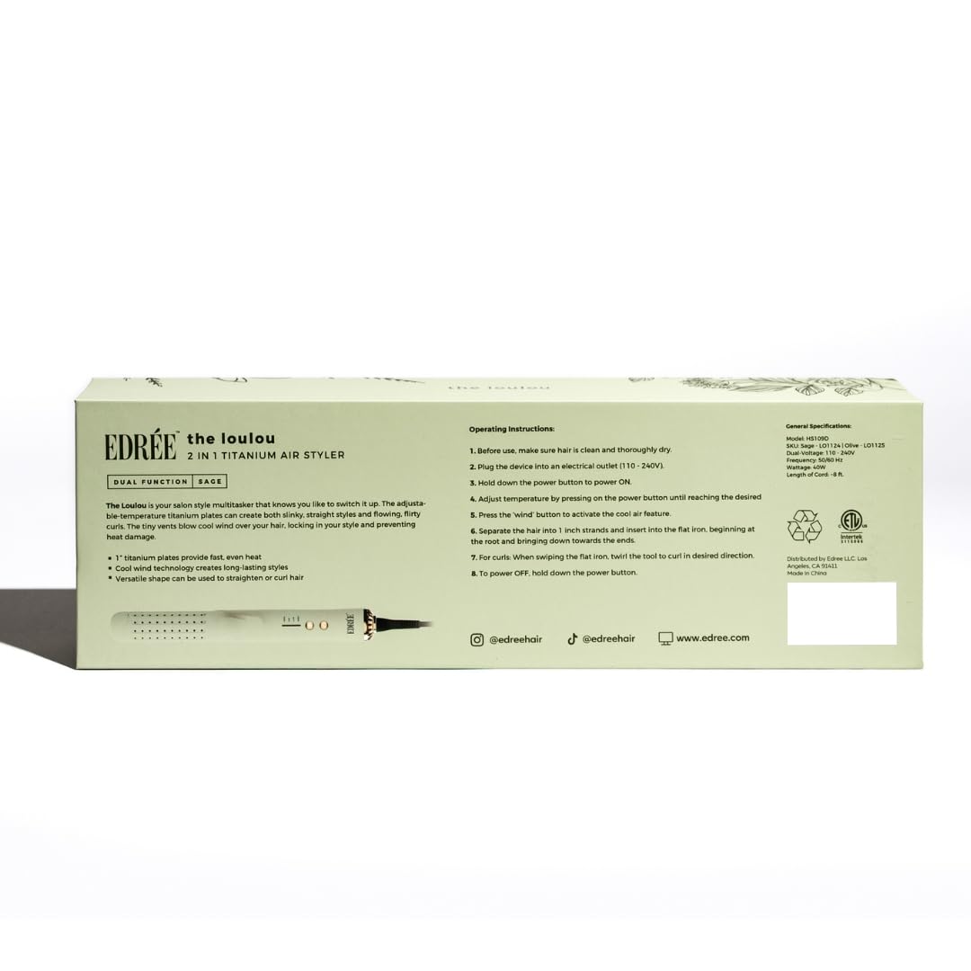 Edrée The Loulou 2-in-1 Airflow Hair Straightener & Curler | 1" Titanium Plates | 330°F to 450°F Heat Control with Cool Shot | 360 Swivel | Dual Voltage (Sage)