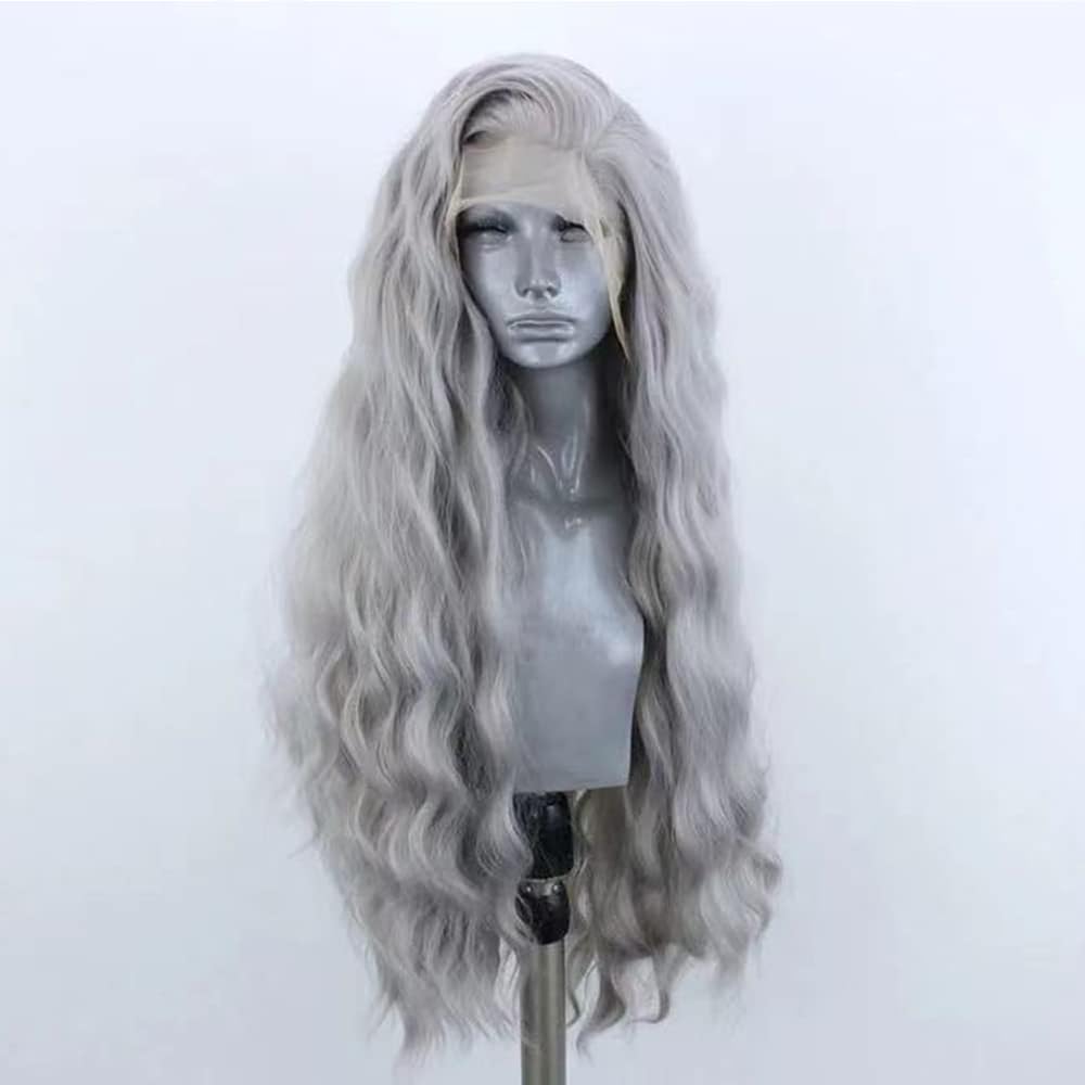 ELESTY Long Wavy Grey Hair Synthetic Lace Front Wig for Women Pree Part Loose Curly Glueless Lace Wig Natural Looking Heat Resistant Fiber Synthetic Lace Wig for Daily Cosplay Use