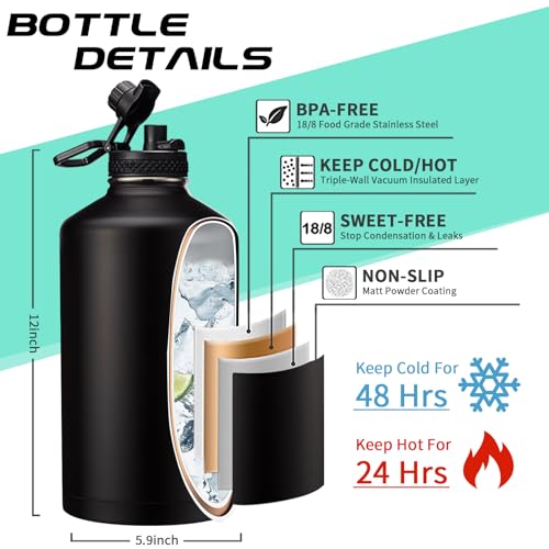 128OZ Insulated Water-Bottles with Strap - 1 Gallon Large Water Jug with Straw & Spout Lid, Stainless Steel Water Bottle Leak Proof, Cold-48h Hot-24h Metal Water Flask w/ Paracord Handle, Carrier Bag
