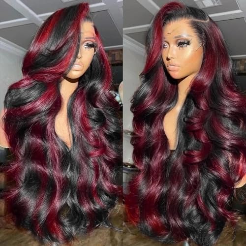 250% Density Burgundy Lace Front Wigs Human Hair Pre Plucked 13X6 Rose Red Highlight Human Hair Lace Front Wigs for Women HD Transparent Lace Frontal Wig Brazilain Virgin Hair Glueless Body Wave Wig