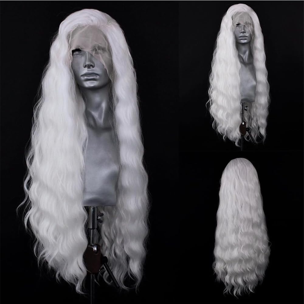 ELESTY Long Wavy White Hair Synthetic Lace Front Wig For Women Heat Resistant Fiber Loose Curly Lace Front Wig Glueless Lace Wigs Pre Plucked Natural Hairline Cosplay Party Wigs 24Inch