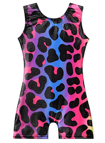 EQSJIU rainbow leopard gymnastics leotards for Klittle Kid girls 5t size 5-6 years old 5-6x colorful multicolored sparkly sparkle biketard]