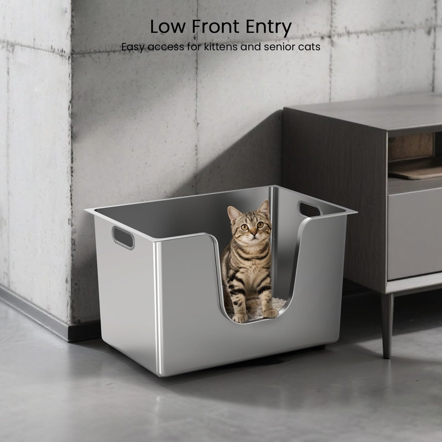 Enclosed Stainless Steel Cat Litter Box 13.8” High Sides, Extra Large Litter Box for Big Cats, XL Metal Kitty Litter Pan Pet Toliet with Wheels for Easy Mobility, Anti-Leakage, Non-Sticky, Easy Clean