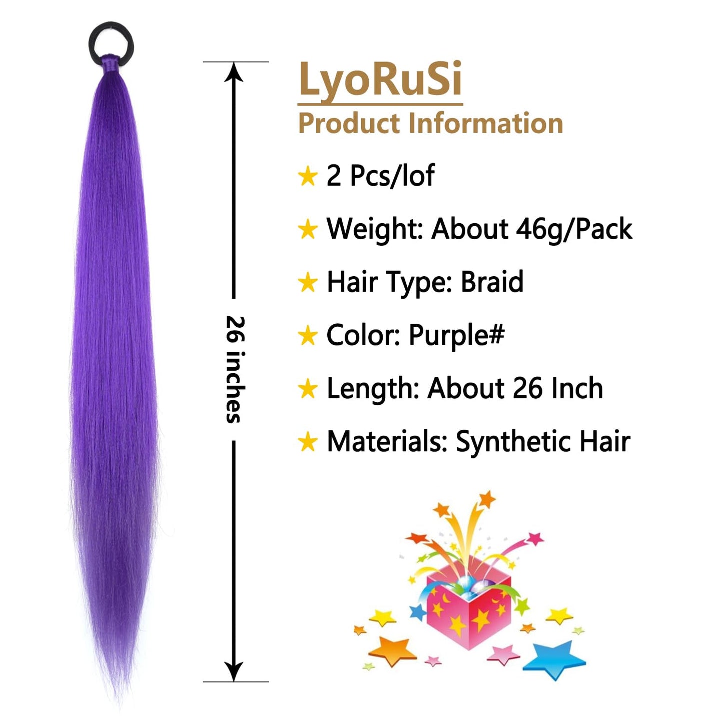 2 Pack Purple Ponytail Extension with Elastic Tie Straight Sleek Wrap Around Braid Ponytail 26 Inch (Purple#)