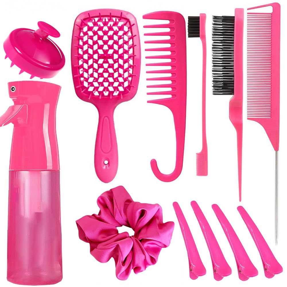 12 Pcs Hair Brush Set, 3 Pieces Slick Back Hair Brushes for Toddlers, Women, Detangling Brush for Wet Dry Curly Hair, Edge Bristles Wide Tooth Rat Tail Combs for Baby Girls (Rose Red)