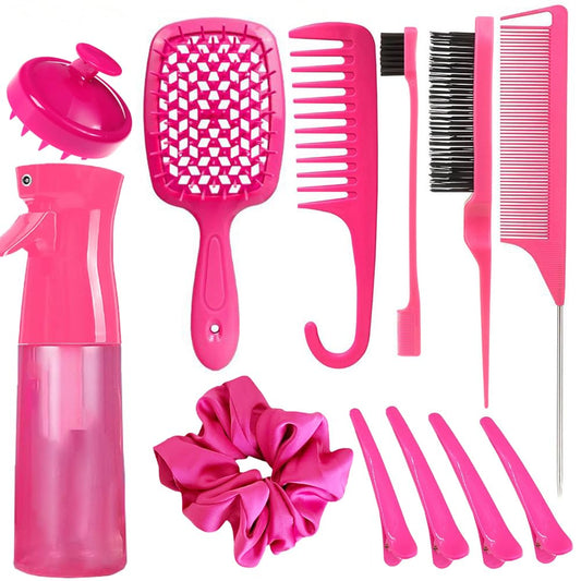 12 Pcs Hair Brush Set, 3 Pieces Slick Back Hair Brushes for Toddlers, Women, Detangling Brush for Wet Dry Curly Hair, Edge Bristles Wide Tooth Rat Tail Combs for Baby Girls (Rose Red)