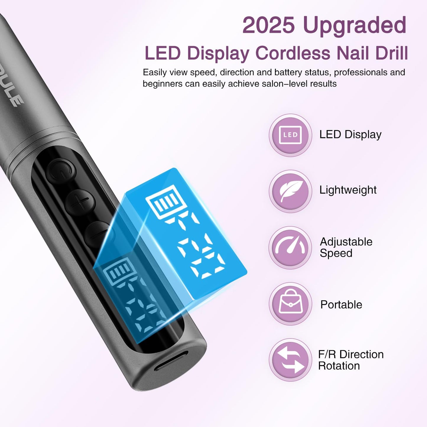 Electric Cordless Nail Drill File: LED Display Professional Portable Nail Drill for Acrylic Gel Dip Powder Nails Manicure Pedicure Kit Tool with Nail Drill Bits Sanding Bands, Grey