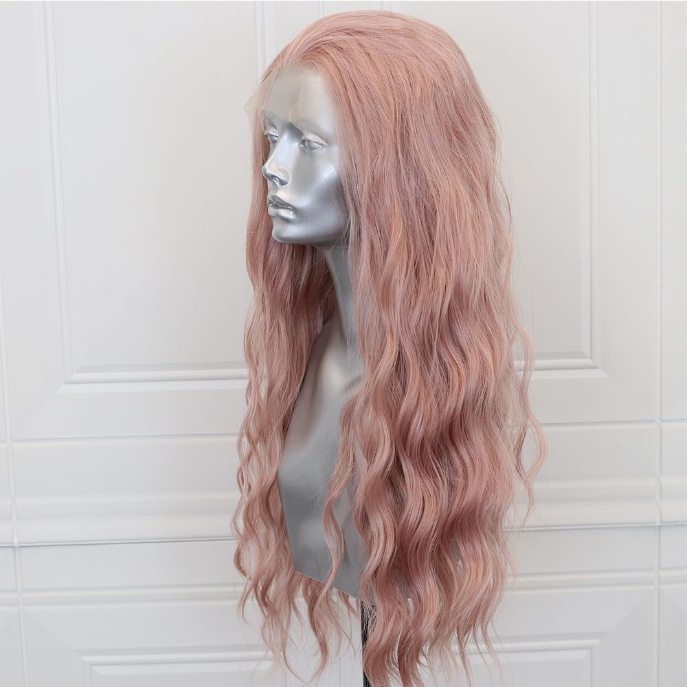 ELESTY 13 * 4 Icy Pink Synthetic Lace Front Wig Long Wavy Free Part Lace Front Synthetic Wig Pre Plucked Natural Hairline Glueless Heat Resistant Fiber Hair Loose Curly Wigs for Women Cosplay