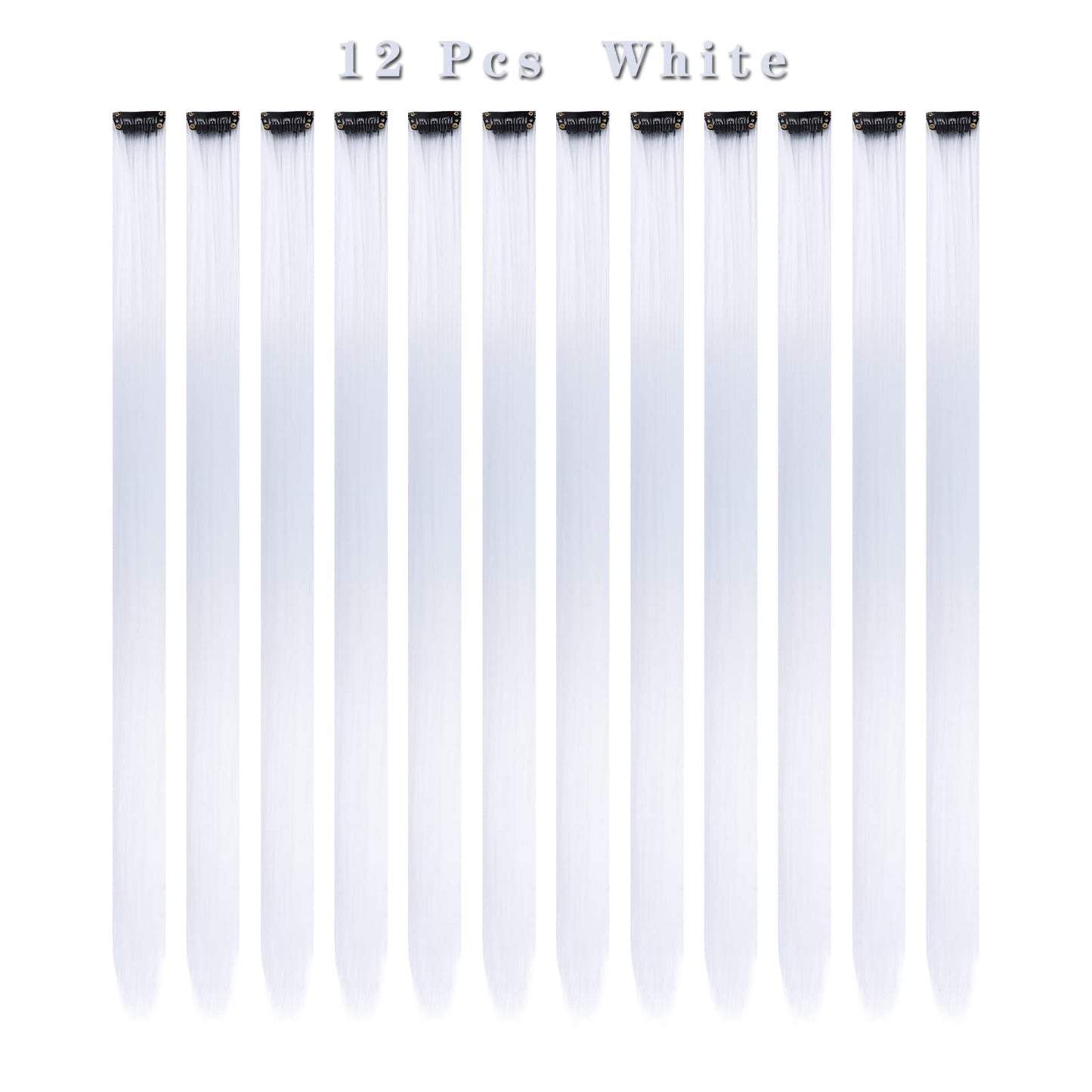 12PCS Colored White Hair Extensions Party Highlights Colorful Clip in Hair Extensions 22 Inch Straight Synthetic Hairpieces for Women Kids Girls Halloween Christmas Cosplay(White)