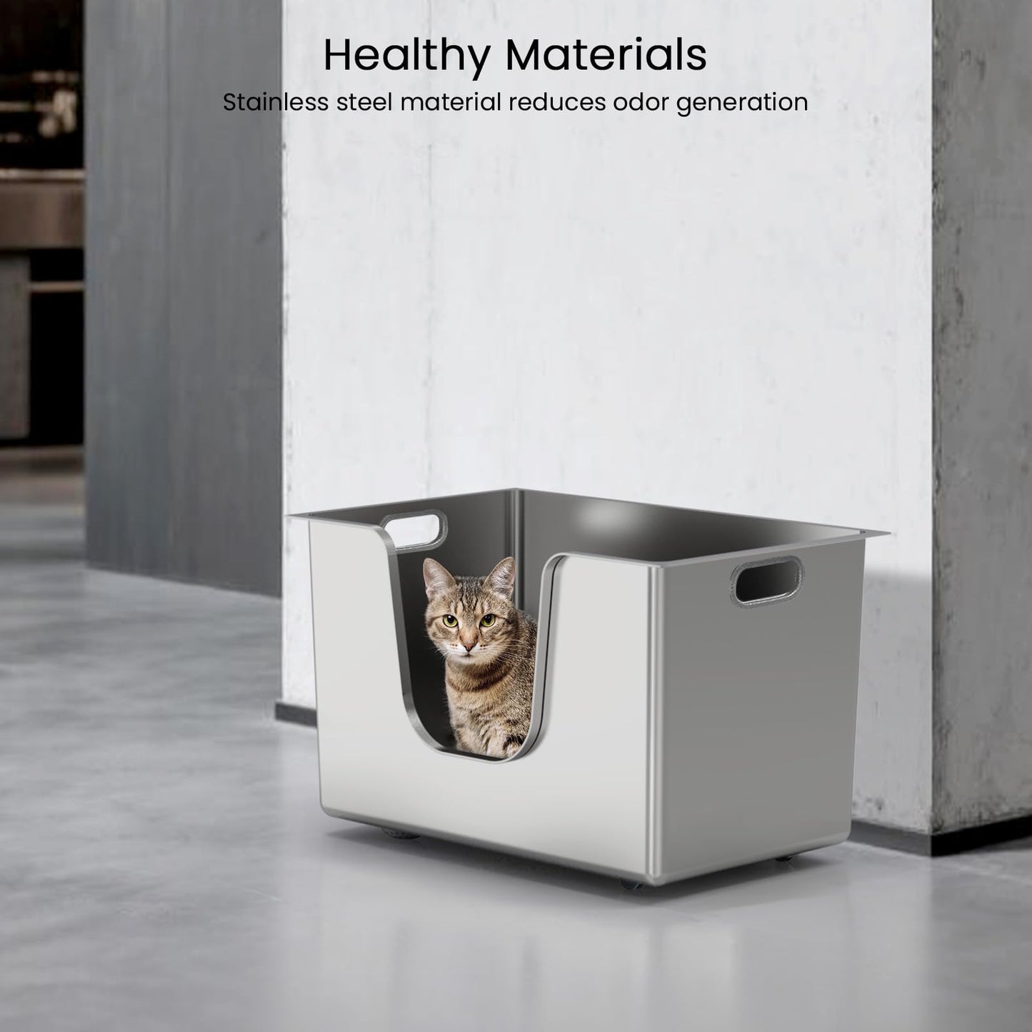 Enclosed Stainless Steel Cat Litter Box 13.8” High Sides, Extra Large Litter Box for Big Cats, XL Metal Kitty Litter Pan Pet Toliet with Wheels for Easy Mobility, Anti-Leakage, Non-Sticky, Easy Clean