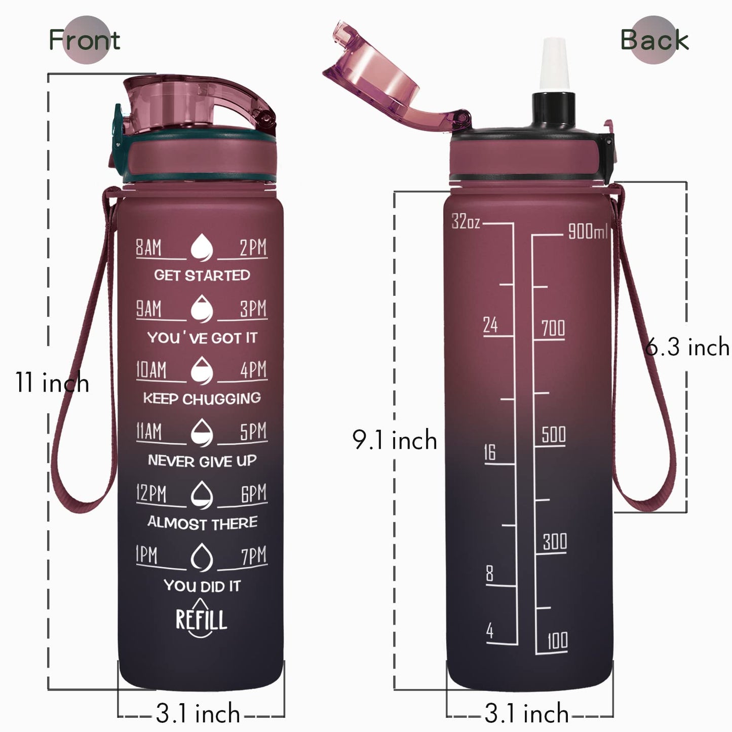 Enerbone 32 oz Water Bottle, Leakproof BPA & Toxic Free, Motivational Water Bottle with Times to Drink and Straw, Fitness Sports Water Bottle with Strap for Office, Gym, Outdoor Sports