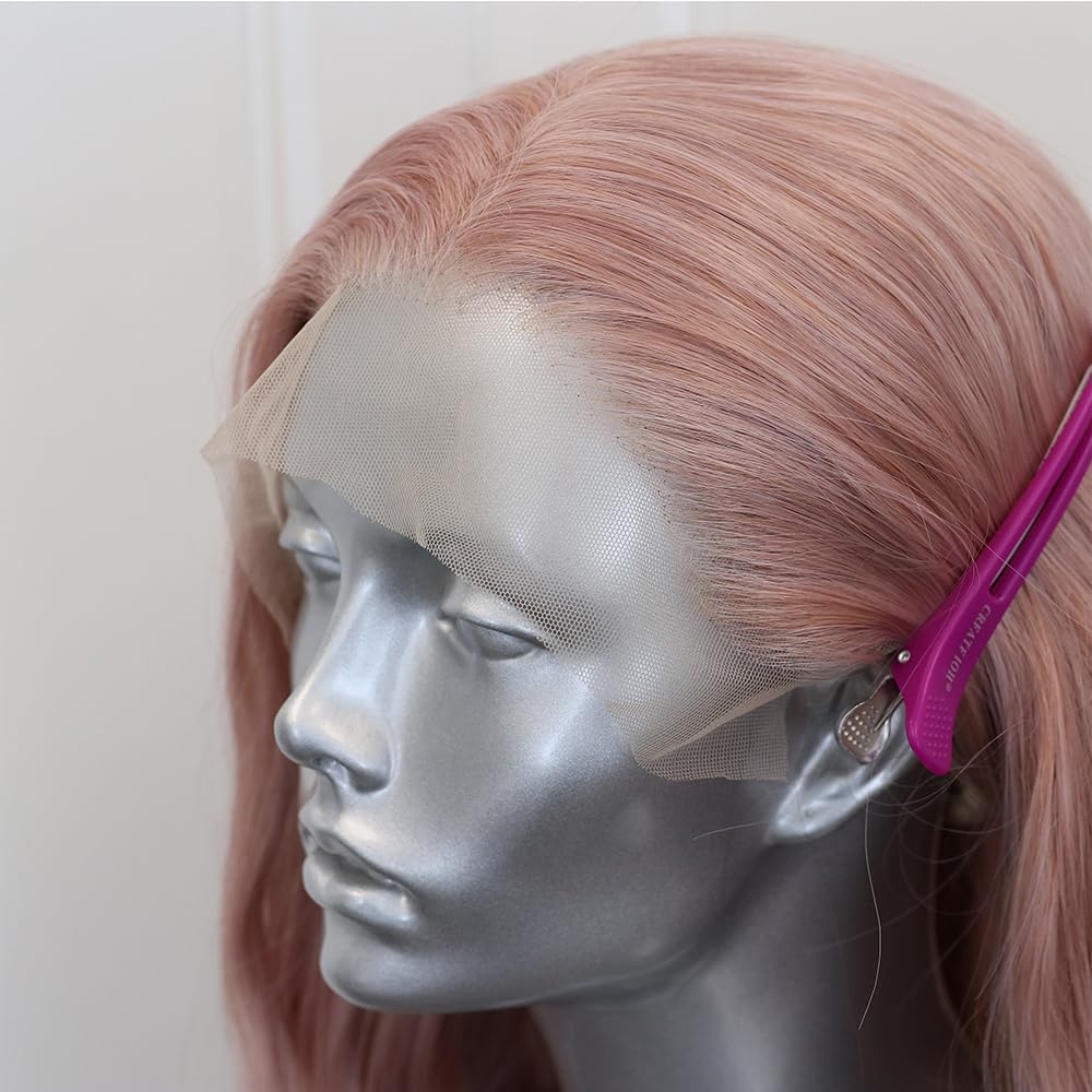 ELESTY 13 * 4 Icy Pink Synthetic Lace Front Wig Long Wavy Free Part Lace Front Synthetic Wig Pre Plucked Natural Hairline Glueless Heat Resistant Fiber Hair Loose Curly Wigs for Women Cosplay