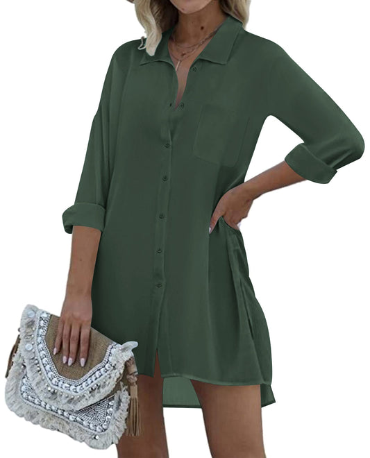 Ekouaer Women's Beach Bikini Cover Up Long Roll-up Sleeve Summer Button Down Coverup Shirt Army Green