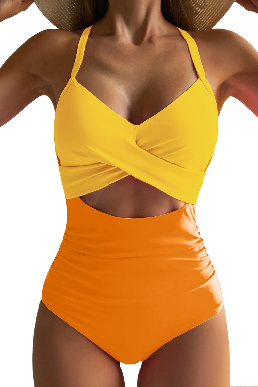 Eomenie Women's One Piece Swimsuits Tummy Control Cutout High Waisted Bathing Suit Wrap Tie Back 1 Piece Swimsuit Yellow Color Block