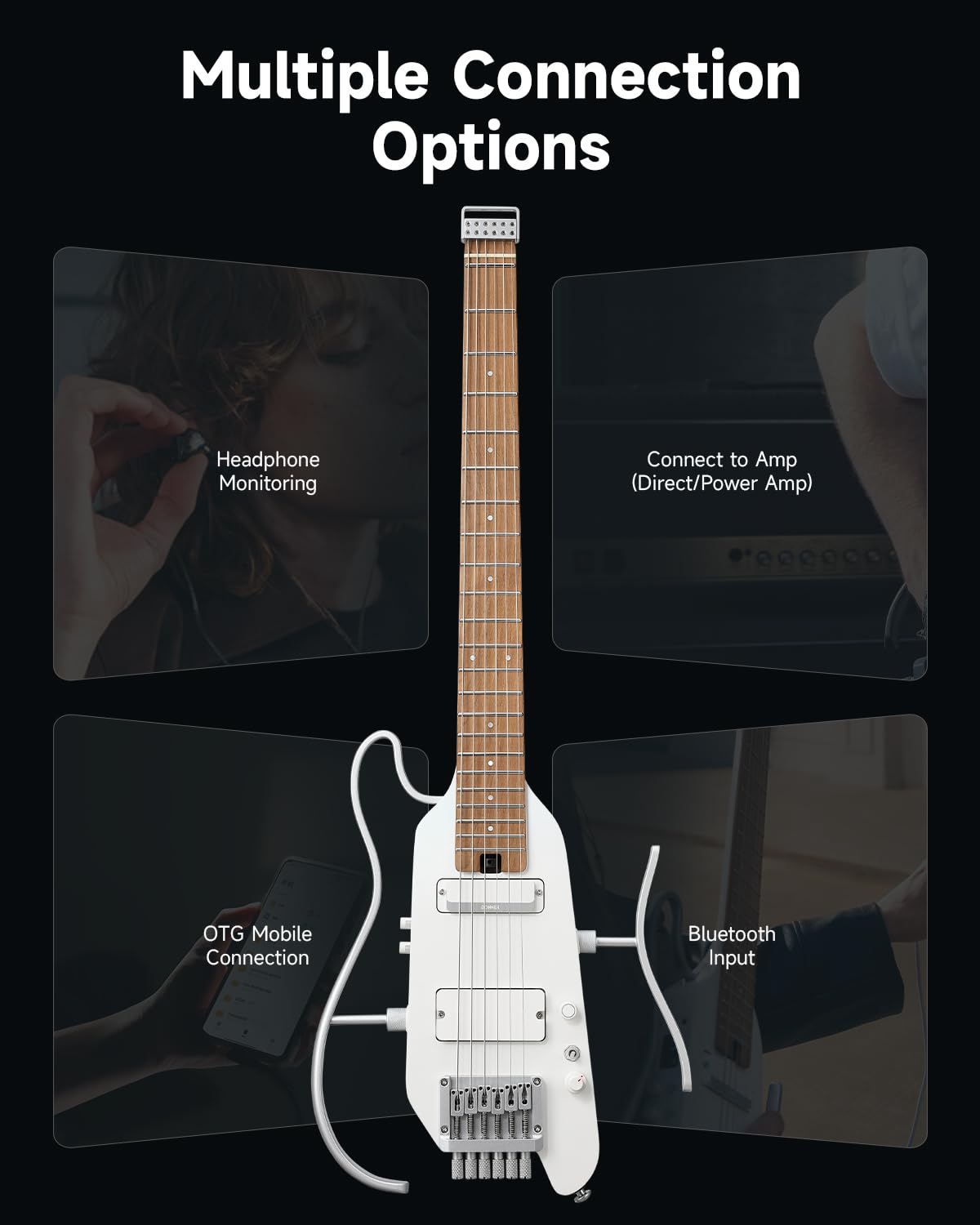 Donner HUSH X PRO Electric Guitar Kit - Smart Travel Guitar with Dozens of Preset Combinations, 7 Tone Sim Options, Metallic White