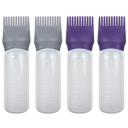 ELANE 4 Pack Root Comb Applicator Bottle for Hair Oiling, Dye, Shampoos and Salons (Purple+Grey)