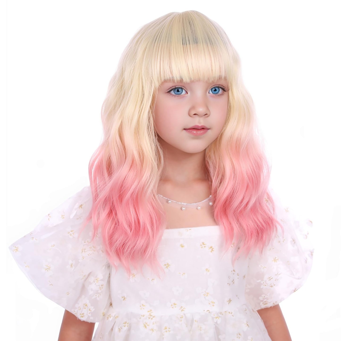 Edivd Blonde Ombre Pink Wig for Children Short Blonde Pink Wig with Air Bangs for Kids Girls Short Light Blonde Wavy Curly Wig Heat Resistant Synthetic Wig with Wig Cap