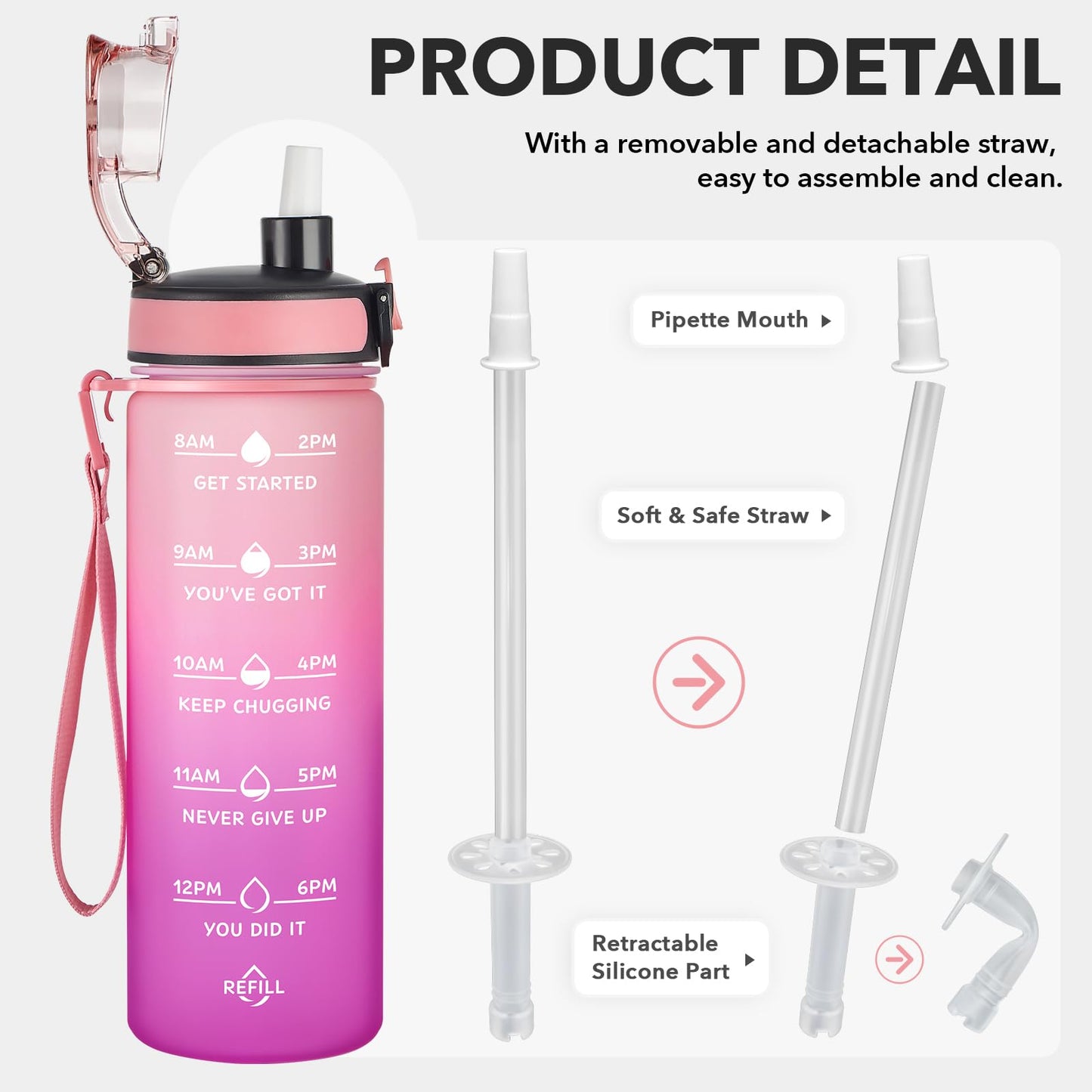 Enerbone 24 oz Water Bottle, Leakproof BPA & Toxic Free, Motivational Water Bottle with Times to Drink and Straw, Fitness Sports Water Bottle with Strap for Office, Gym, Outdoor Sports