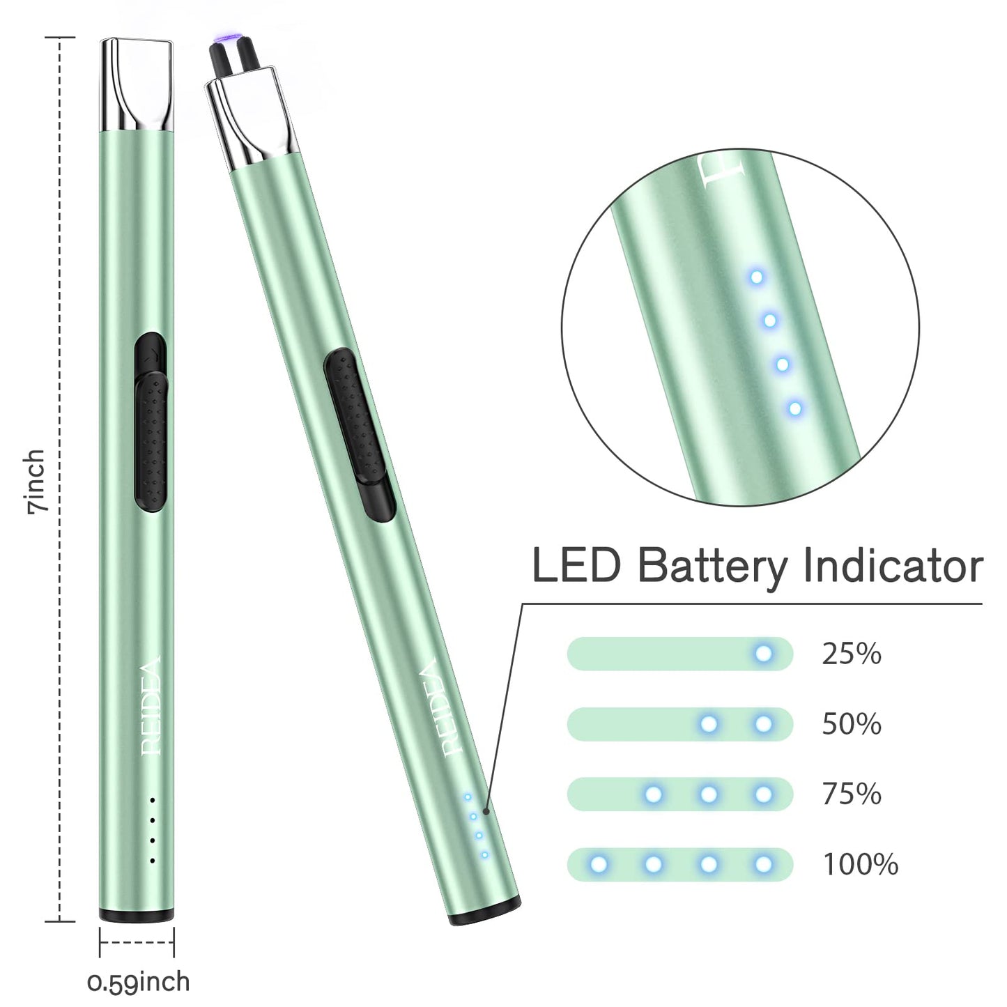 Electric Lighter 2 Pack REIDEA S4 Pro USB Rechargeable Safety Lock with LED Battery Indicator Flameless Windproof Arc Plasma Lighter for Candle, Fireworks (Mint Green)
