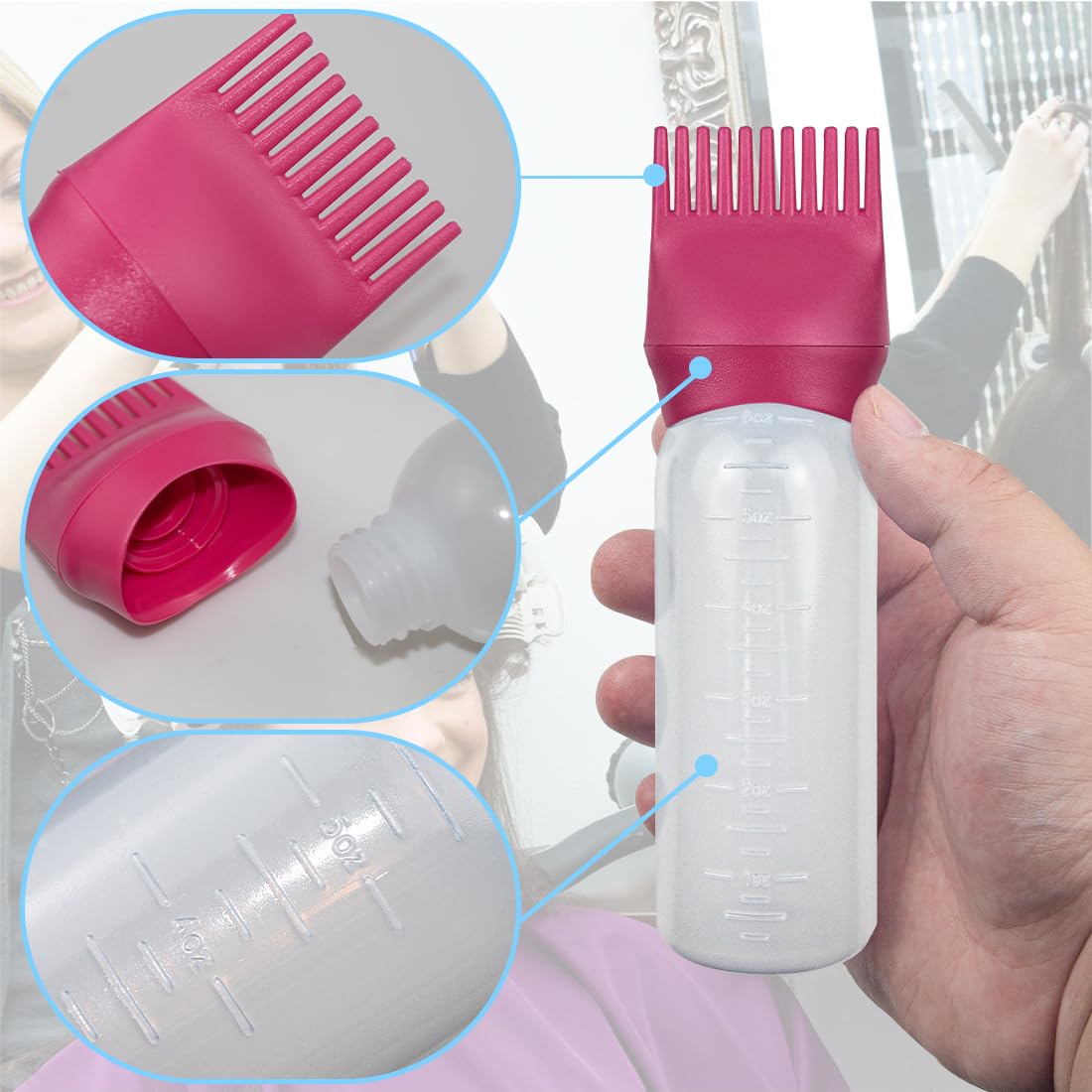 ELANE 4 Pack Root Comb Applicator Bottle, Hair Oiling Applicator for Hair Dye, Shampoos, Salons. (Purple+Red)