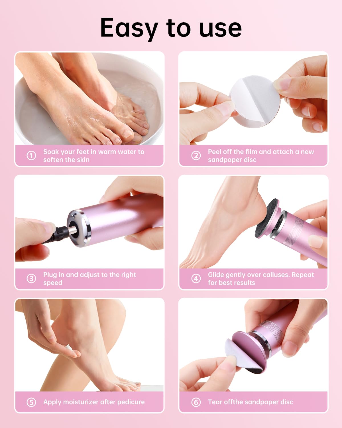 Electric Foot Callus Remover, Upgrade Electric Foot File, Adjustable Speed Foot File with 60 Pcs Sandpaper Discs, Electric Foot File Callus Remover for Cracked, or Tough Skin and Calluses, Pink