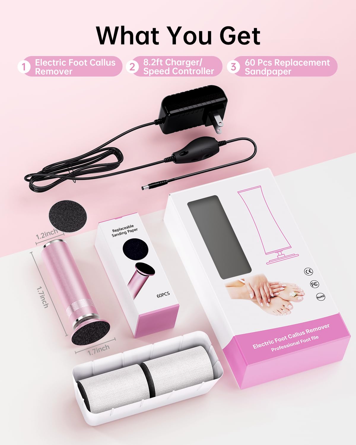 Electric Foot Callus Remover, Upgrade Electric Foot File, Adjustable Speed Foot File with 60 Pcs Sandpaper Discs, Electric Foot File Callus Remover for Cracked, or Tough Skin and Calluses, Pink