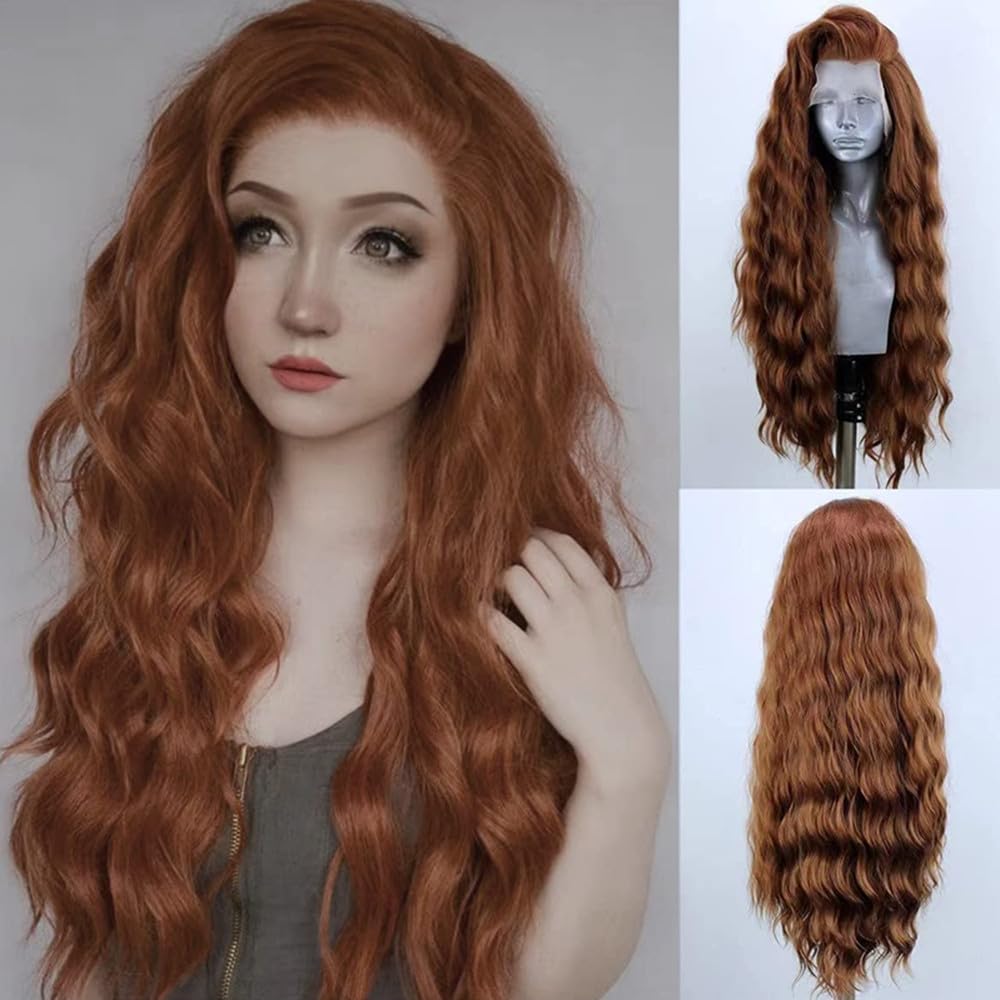 ELESTY 13 * 4 Light Brown Hair Long Wavy Synthetic Lace Front Wigs for Women Loose Curly Free Part Glueless Lace Wig Heat Resistant Fiber Hair Water Wave Cosplay Wigs 24Inch