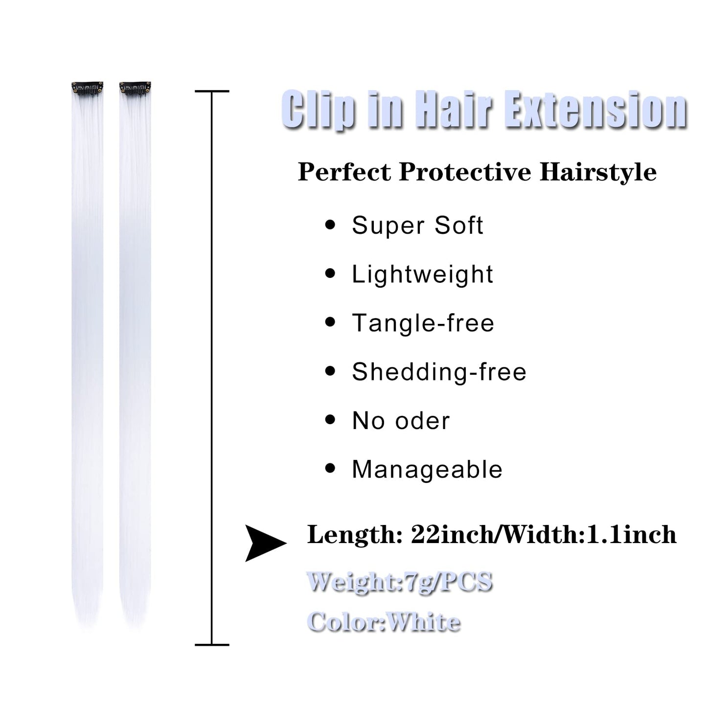 12PCS Colored White Hair Extensions Party Highlights Colorful Clip in Hair Extensions 22 Inch Straight Synthetic Hairpieces for Women Kids Girls Halloween Christmas Cosplay(White)