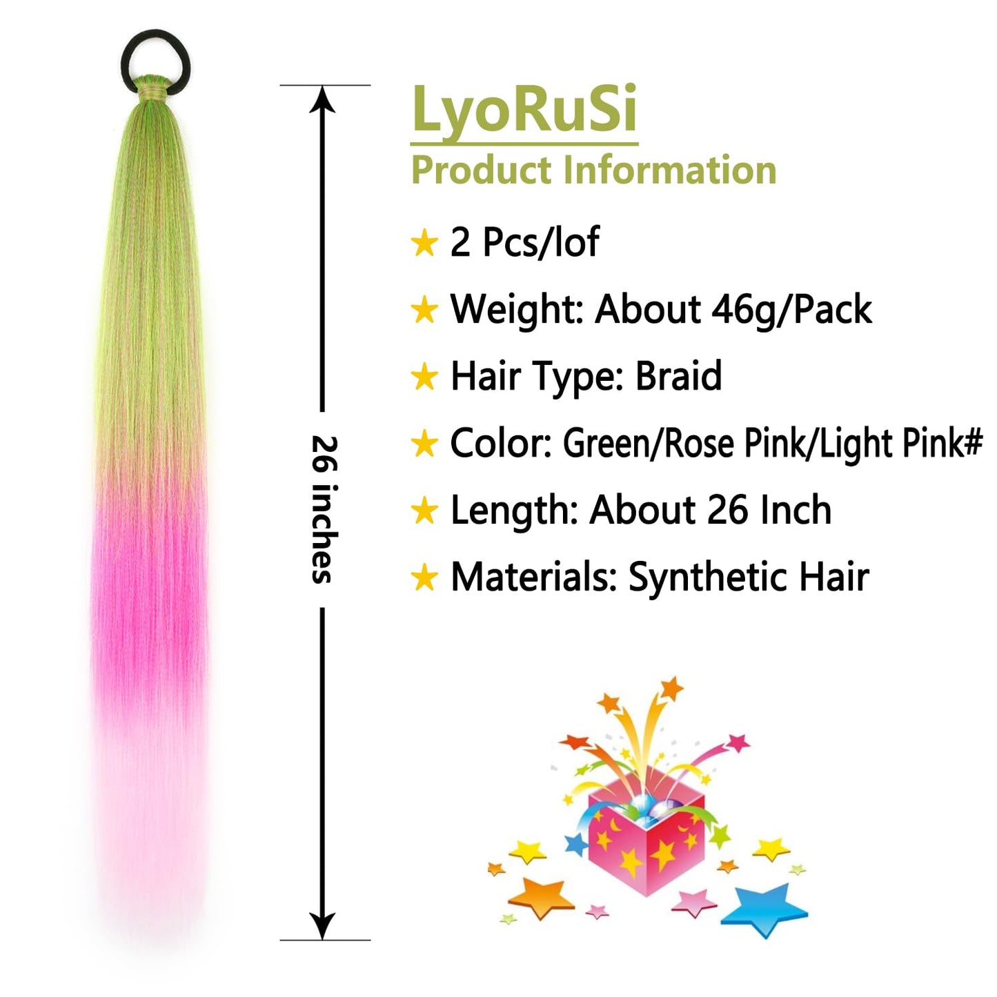 2 Pack Braid Ponytail Extension with Elastic Tie Straight Sleek Wrap Around Braid Ponytail Green Pink Gradient 26 Inch (Green/Rose Pink/Light Pink#)