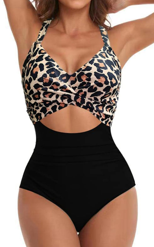 Eomenie Women's One Piece Swimsuits Tummy Control Cutout High Waisted Bathing Suit Wrap Tie Back 1 Piece Swimsuit Leopard
