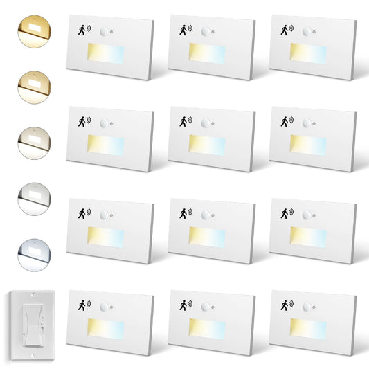 12 Pack Motion Sensor Stair Lights Indoor Outdoor, 120V Hardwired Motion Activated Step Lights, 4W 300LM Dimmable Staircase Light, 5CCT Stairway Light, 2700K-6500K, Dimmer Switch, ETL, White