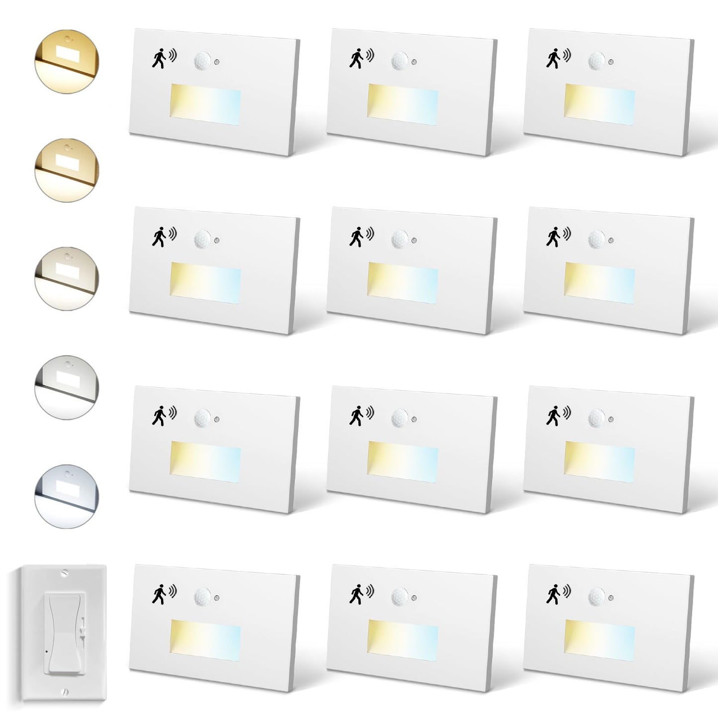 12 Pack Motion Sensor Stair Lights Indoor Outdoor, 120V Hardwired Motion Activated Step Lights, 4W 300LM Dimmable Staircase Light, 5CCT Stairway Light, 2700K-6500K, Dimmer Switch, ETL, White