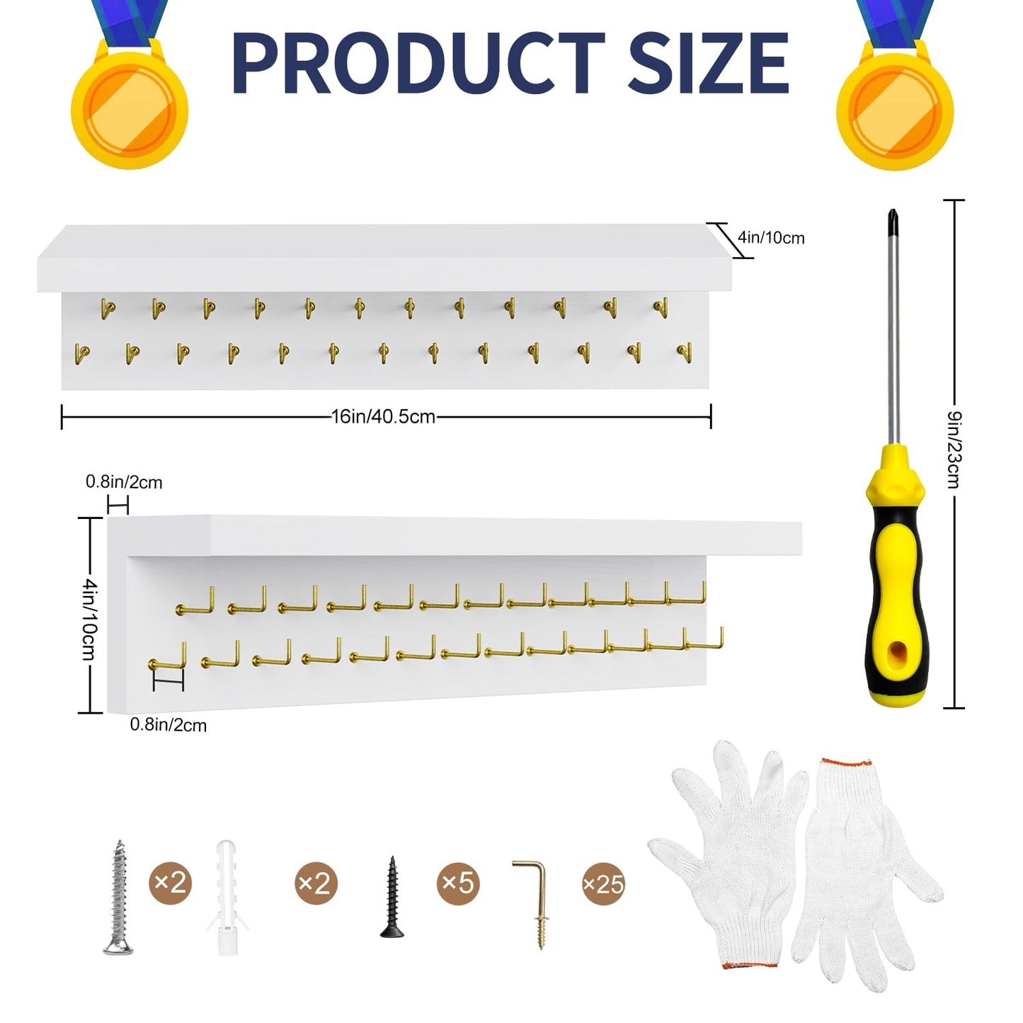 DSVENROLY Medal Holder Display Trophy Shelf Organizer,Sturdy Wooden Medal Trophy Hanger Rack with 25 Steel Hooks, Wall Mount Medal Hanger for Race Medals Trophies Easy to Install White Golden Hooks