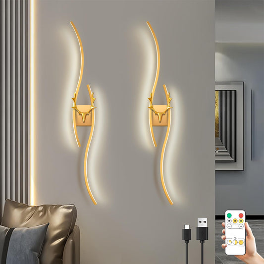 DZW 39.3'' Battery Operated Natural Light Spectrum Wall Sconces Set of Two,Touch & Remote Controll, 3000K-6000K & Dimming, LED Gold Cordless Wall Light for Living Room, Hallway, Bedroom