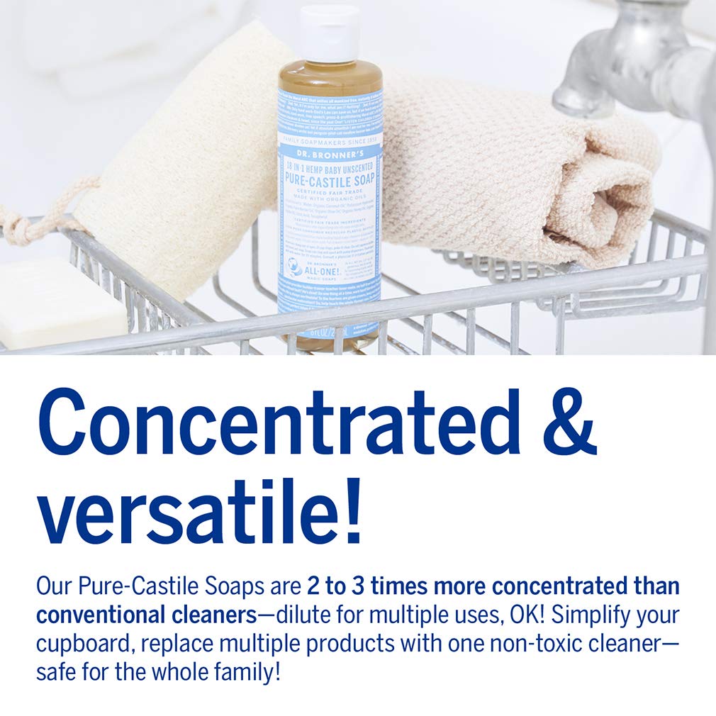 Dr. Bronner's - Pure-Castile Liquid Soap (Baby Unscented, 4 Ounce) - Made with Organic Oils, 18-in-1 Uses: Face, Hair, Laundry, Dishes, For Sensitive Skin, Babies, No Added Fragrance, Vegan, Non-GMO