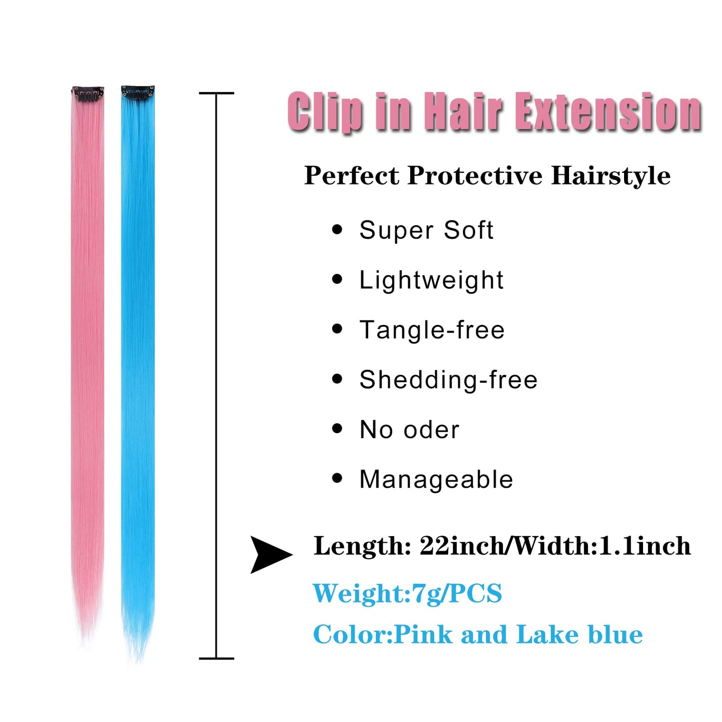 12PCS Colored Pink and Lake Blue Hair Extensions 22 Inch Colorful Clip in Hair Extensions Straight Synthetic Hairpiece for Women Kids Girls Halloween Christmas Cosplay(12Pcs-Pink and Lake Blue)